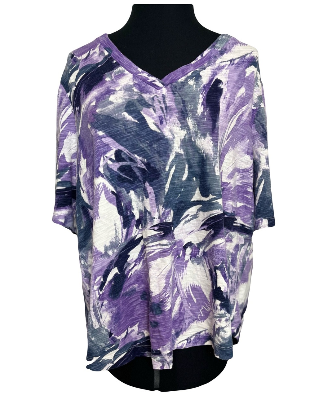 Chico’s | Purple Abstract Print Layered V-Neck Shorr Sleeve Tee, XXL